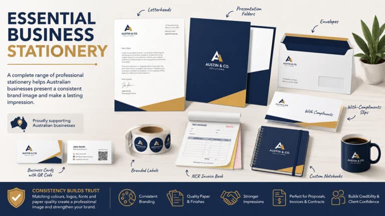Coordinated Australian business stationery including letterheads, folders, envelopes, business cards, invoice books, labels, and notebooks with consistent branding.