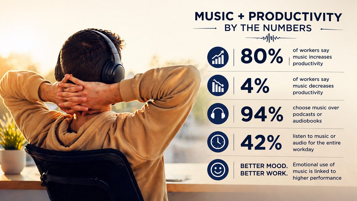 Person wearing headphones at a desk with simple infographic showing key statistics on how music affects productivity and focus