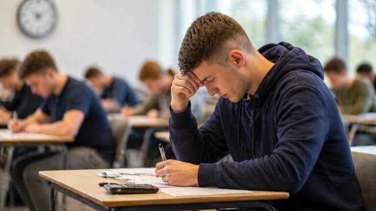 University student concentrating during an exam under timed conditions with other students working quietly in the background
