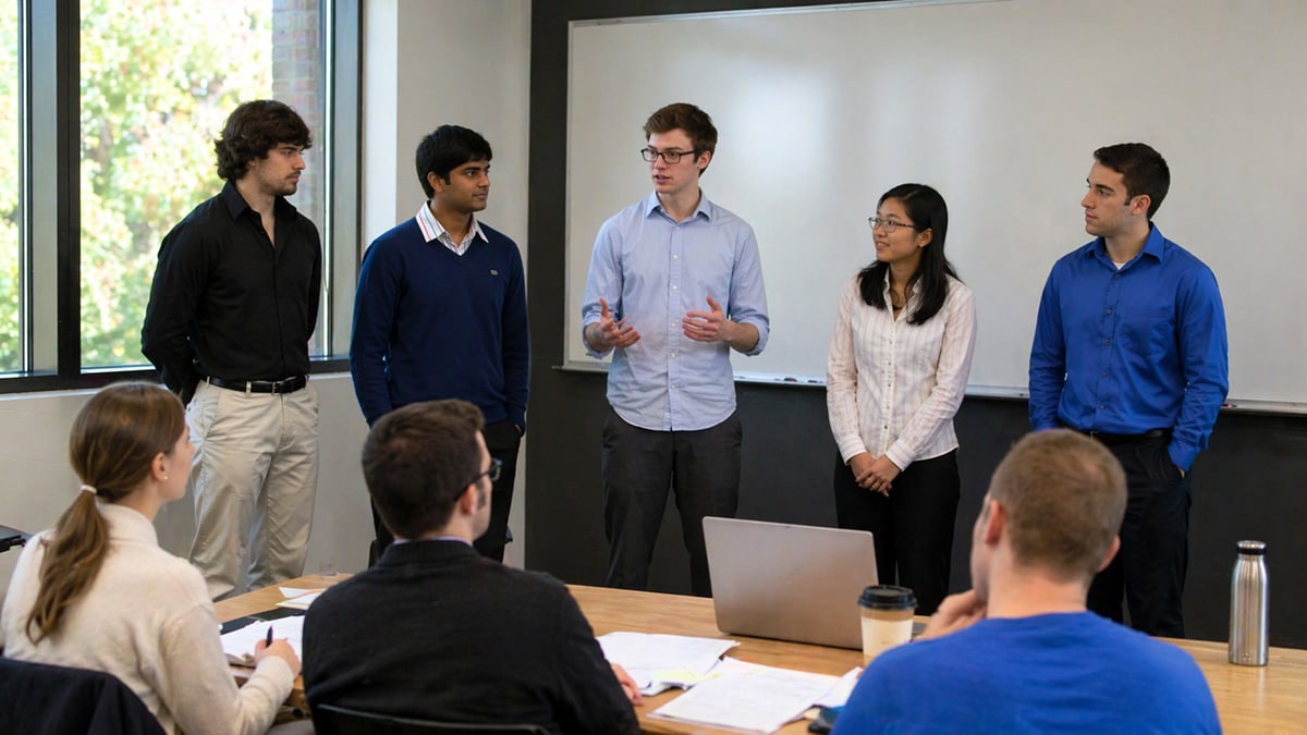Monash University students presenting a group project to classmates in a Melbourne classroom setting