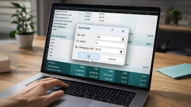 Laptop showing Excel Goal Seek adjusting a budget spreadsheet to reach a target value