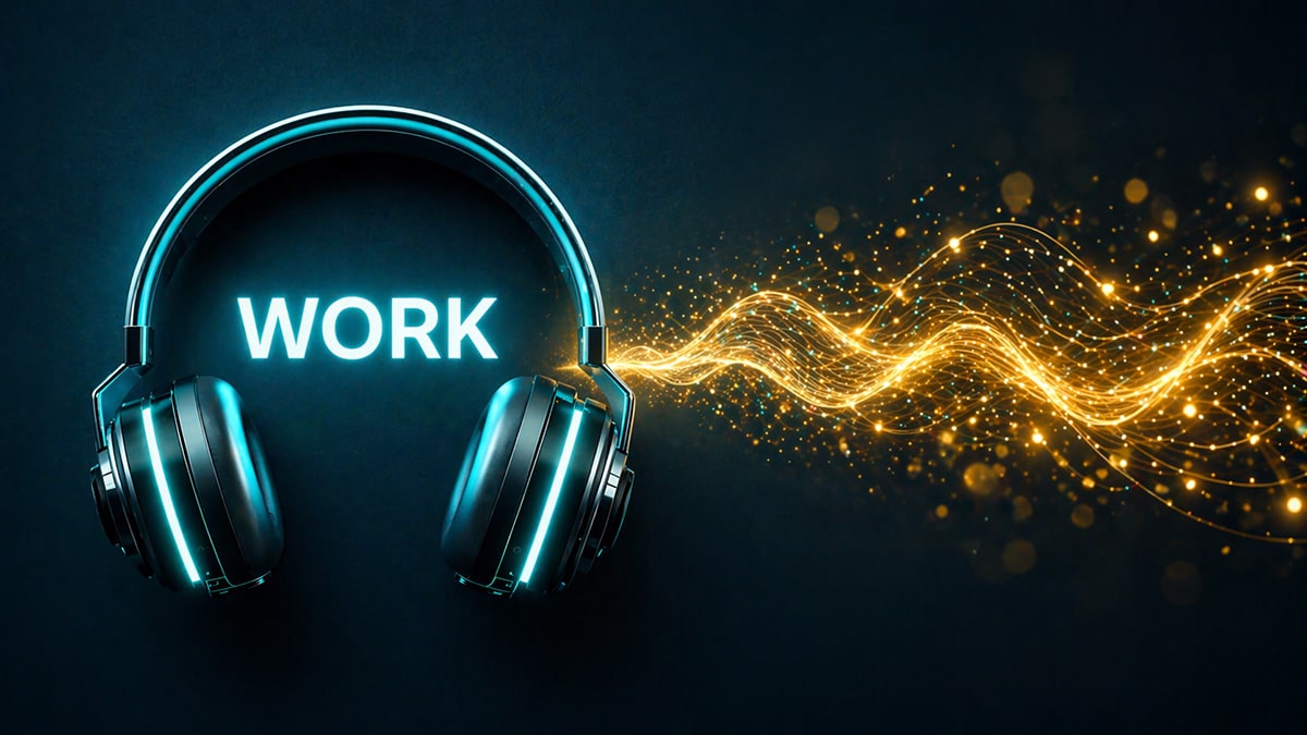 Headphones beside a glowing brain illustration showing music enhancing focus and mental performance