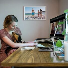 Woman looking comfortable at home during online meeting
