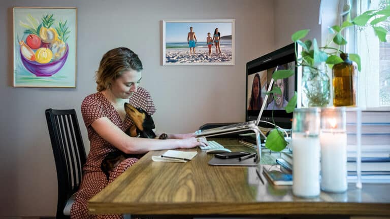 Woman looking comfortable at home during online meeting